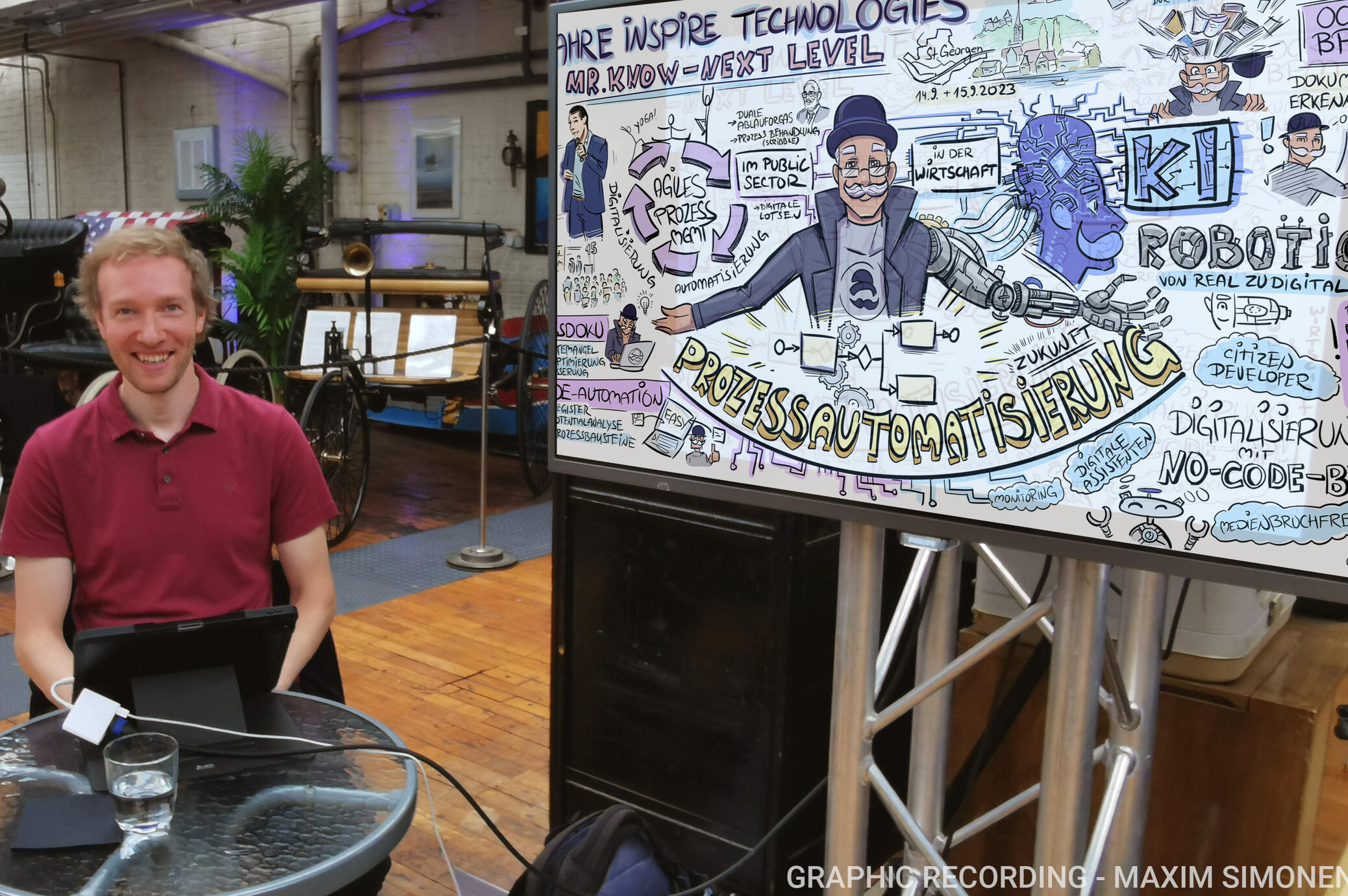 IT企業のイベントでのAIをテーマにしたグラフィックレコーディング。iPadでの制作を大画面にリアルタイム投影。マキシム・シモネンコによる実演。