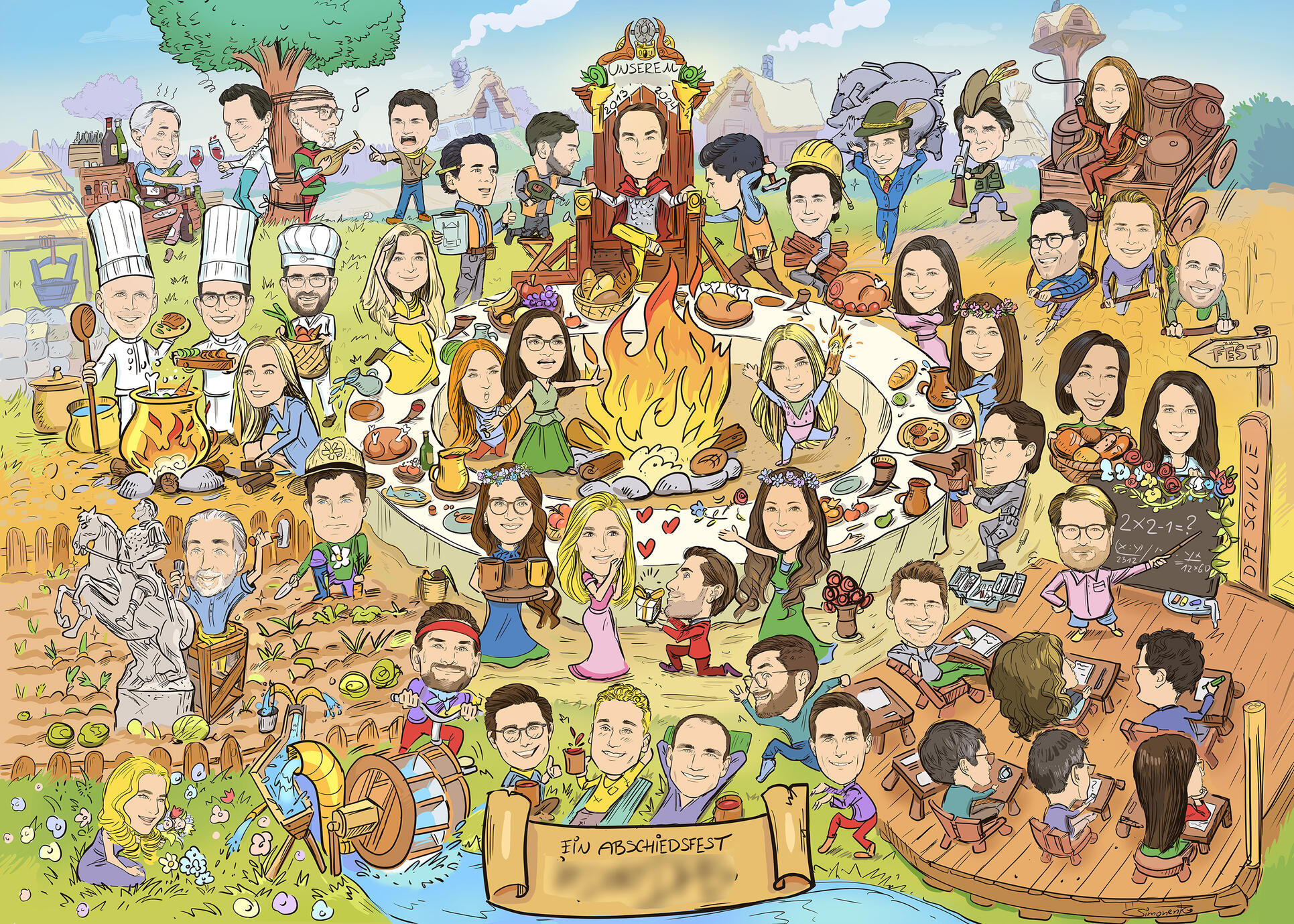 退職祝いのサプライズギフト。アステリックス風の村を舞台にした60名以上の大人数ウィメルビルダー（絵探し絵）。マキシム・シモネンコによる大作。