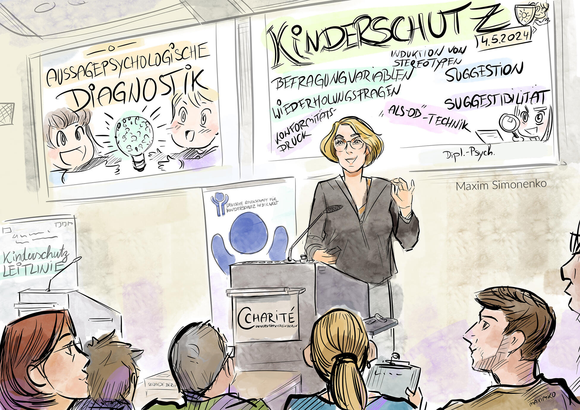 シャリテ・ベルリン大学病院の児童保護会議でのグラフィックレコーディング。講演内容をリアルタイムで可視化。マキシム・シモネンコによる制作。