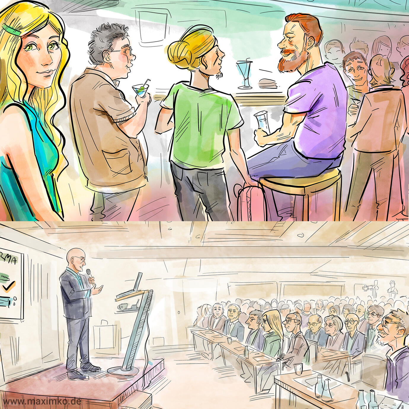 カンファレンスでの講演視覚化と、その後のアフターパーティーの様子を描いたデジタルイラスト。イベント全体の雰囲気を記録。マキシム・シモネンコ作。