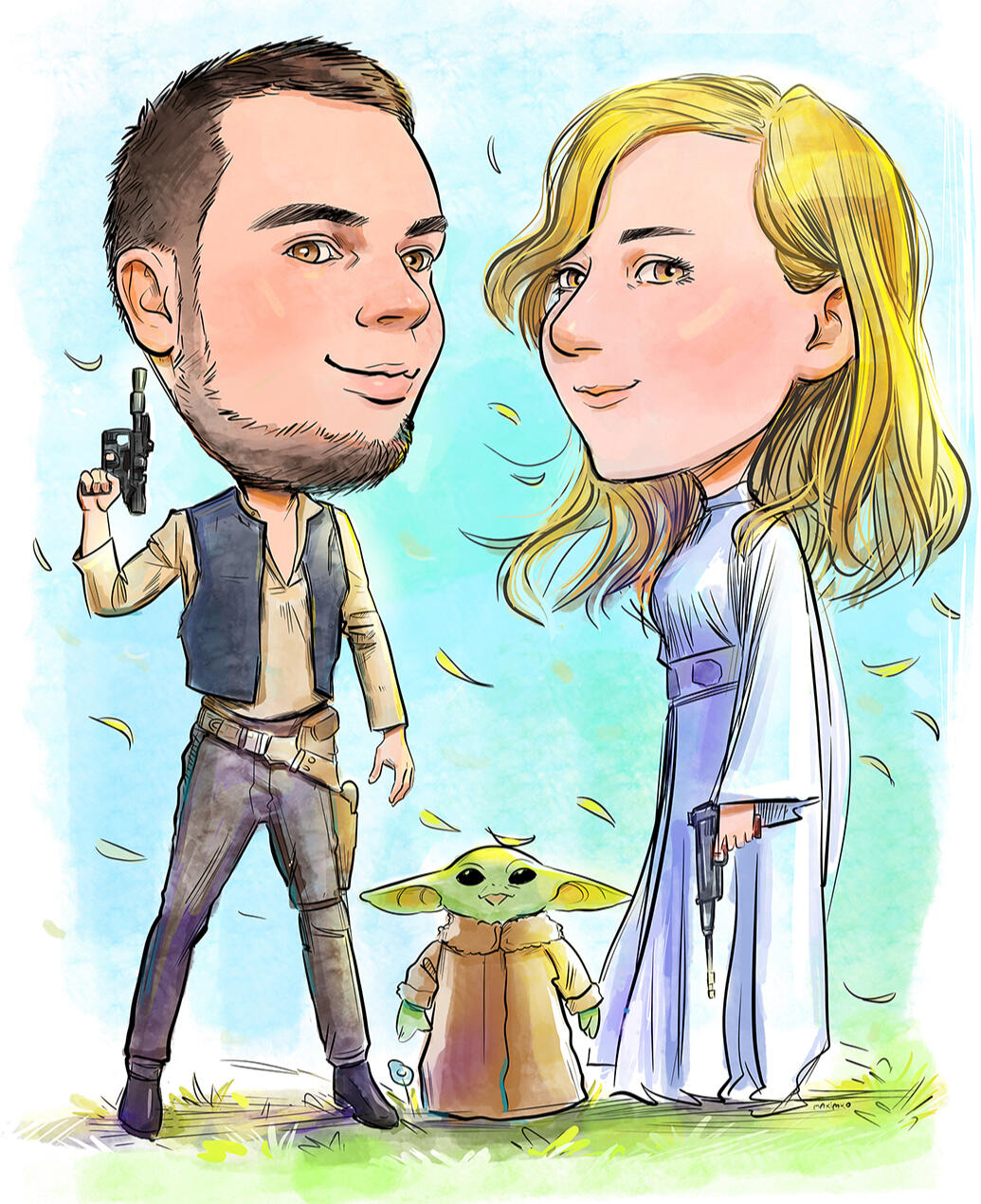 スター・ウォーズがテーマの結婚式似顔絵。ハンソロとレイア姫に扮したカップルとベビーヨーダ。マキシム・シモネンコ作。