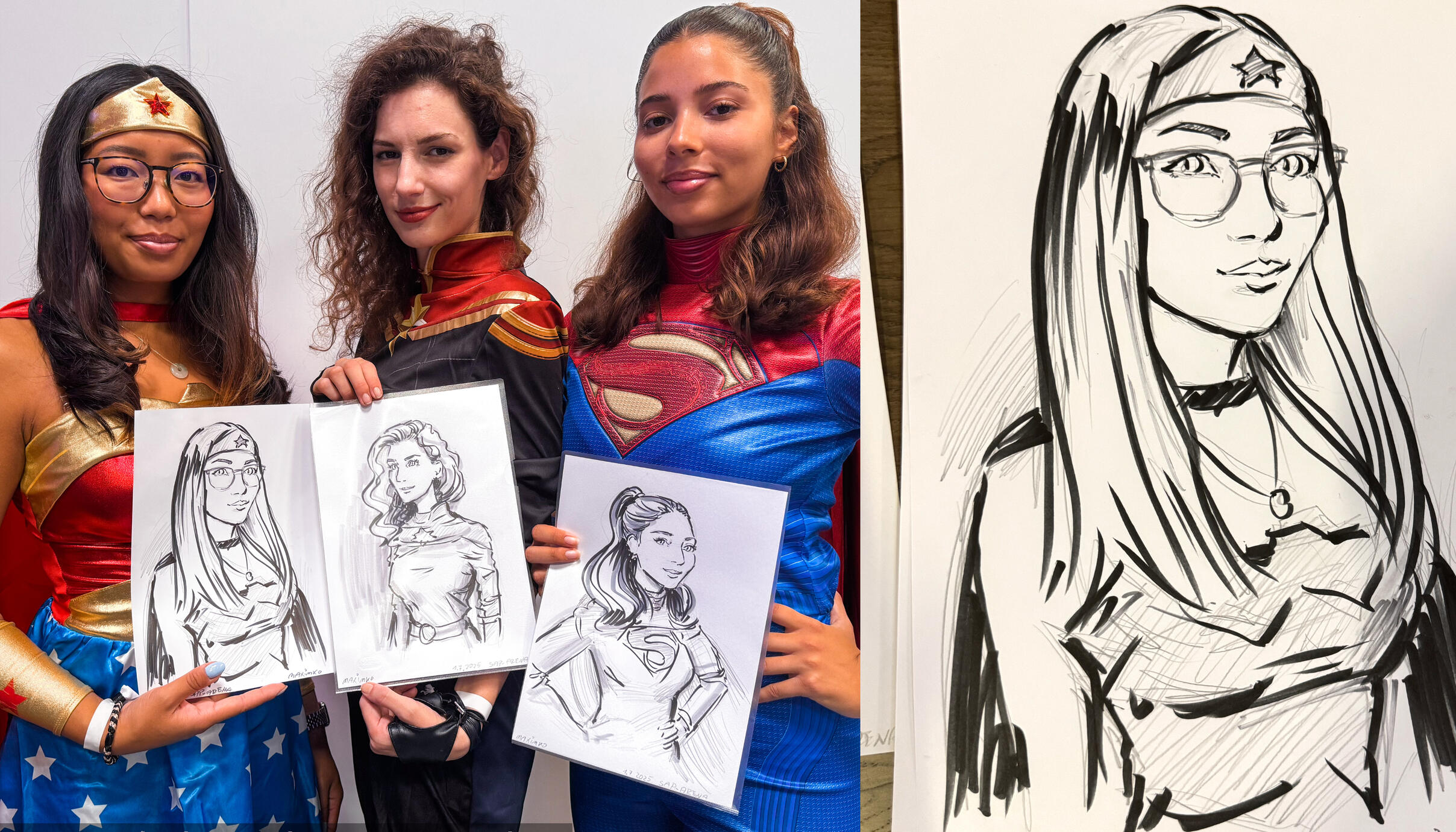 大型ゲームイベントでの手描き似顔絵実演。人気キャラクターのコスプレイヤーを伝統的なインク画で描き出し。マキシム・シモネンコ(Maxim Simonenko)作